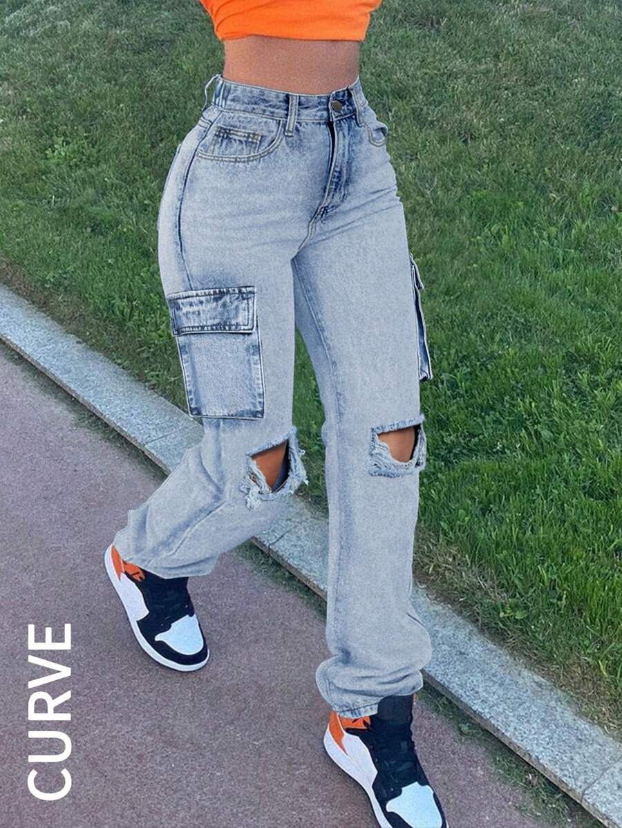 Plus Size Women's Knee Cut-Out Straight Leg Cargo Jeans - 淺色 - 查看 1