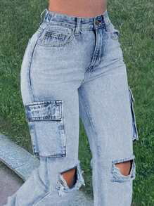 Plus Size Women's Knee Cut-Out Straight Leg Cargo Jeans - 淺色 - 查看 5