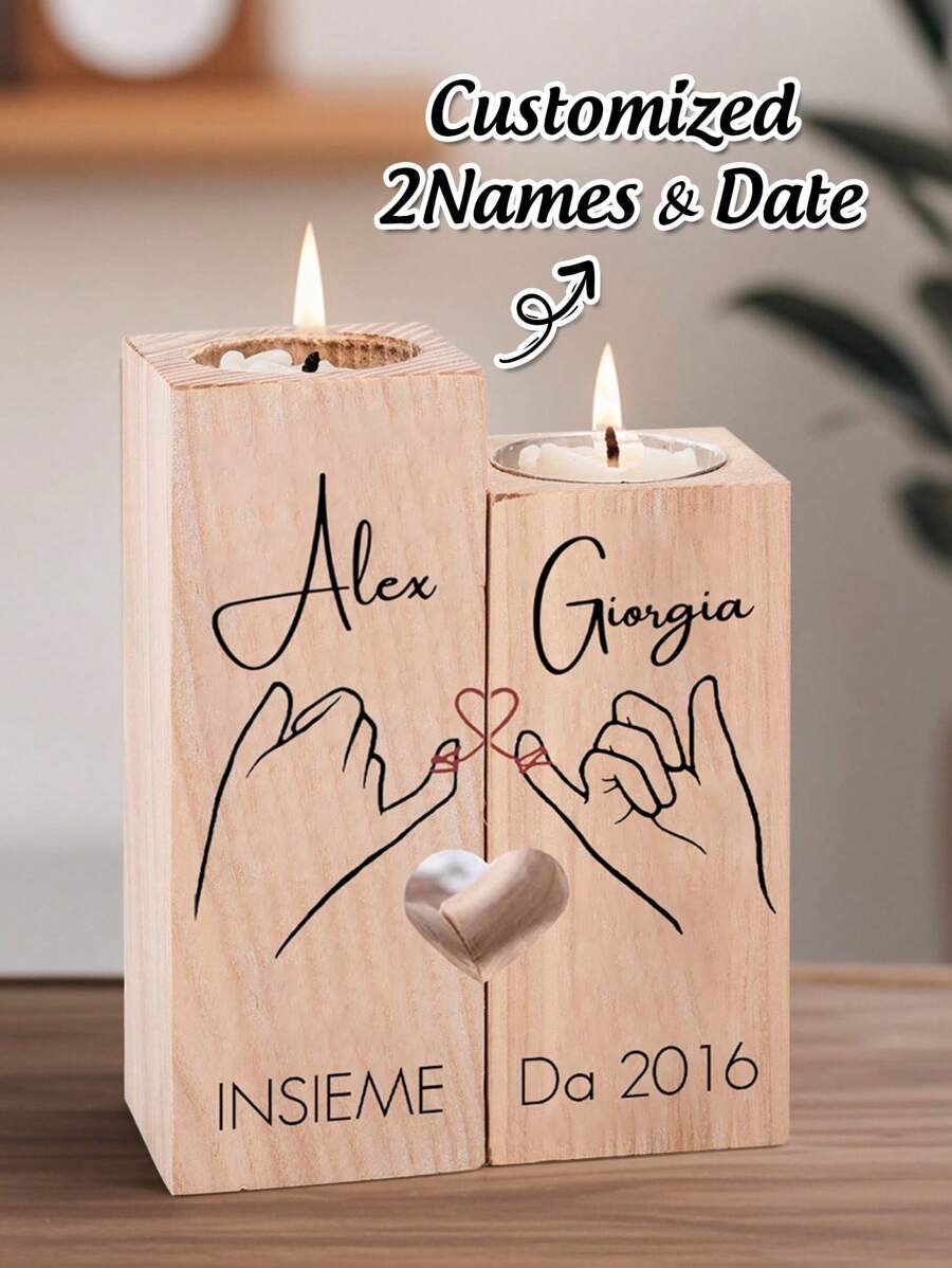 Customizable Wooden Candle Holder Set With Candles, Personalized Name Candle Holder, Sculptural Wood Centerpieces For Home Decor, Wedding And Living Room Table Decoration - Multicolor - View 1