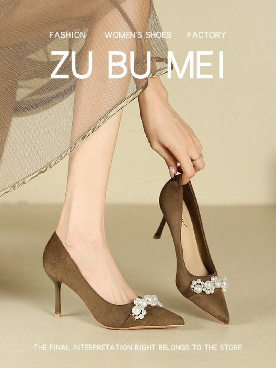 One-Line Pearl High-Heeled Shoes For Women Winter Pointed Toe Stiletto French Style Ladies High-Heeled Shoes For Women