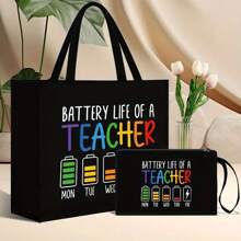 Gift- Large Capacity Fashion Tote Bag With "Battery Life Of A Teacher" Print, Cosmetic Bag, Lining, And No Closure - Perfect For Educators And School Staff, Best Teacher Appreciation Gifts, Thank You Teacher Gifts