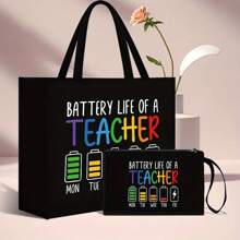 Gift- Large Capacity Fashion Tote Bag With "Battery Life Of A Teacher" Print, Cosmetic Bag, Lining, And No Closure - Perfect For Educators And School Staff, Best Teacher Appreciation Gifts, Thank You Teacher Gifts