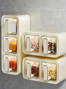 1pc Kitchen Seasoning Box With Spoon, Wall-Mounted, Sealable Spice Box For Salt, MSG, Condiments Storage,Food,,Kitchen,Cooking,Seasoning,Spice,Party,Travel,Kitchen Items,Kitchen Tools,Kitchen Things.