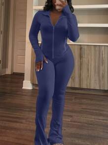 LovelyWholesale 女士休闲立领长袖纯色拉链门襟修身上衣和瑜伽裤套装春秋