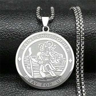 Saint Christopher Pray Us Pendant Necklace For Women Men Stainless Steel Gold Color Religious Amulet Chain Jewelry