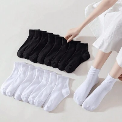 16 Pairs/Set Simple Black & White Mid-Calf Socks, Breathable, Odor-Resistant, Skin-Friendly