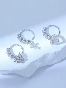 3pcs/Set Silver-Tone Zirconia Inlaid Shiny Heart, Cross, Butterfly Nose Stud Jewelry Set, Suitable For Women As Christmas, Halloween, Valentine's Day, Birthday Gifts, Daily Wear,Mom,Mother,Mother's Day,Gift