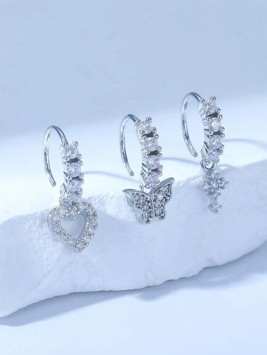 3pcs/Set Silver-Tone Zirconia Inlaid Shiny Heart, Cross, Butterfly Nose Stud Jewelry Set, Suitable For Women As Christmas, Halloween, Valentine's Day, Birthday Gifts, Daily Wear,Mom,Mother,Mother's Day,Gift