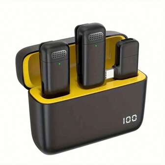 专业无线领夹式麦克风，兼容 iPad 和 Android 手机，带充电盒、数字显示屏、全向电容式录音麦克风，用于采访和视频播客。