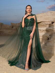 SUPGIR Women Bandeau Long Dress With High Slit Waist Fitted Fishtail Full Length Evening Gown With Detachable Shawl,Party Dress,Formal,Wedding Guest - Dark Green - View 5
