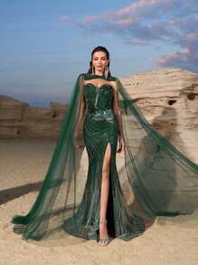 SUPGIR Women Bandeau Long Dress With High Slit Waist Fitted Fishtail Full Length Evening Gown With Detachable Shawl,Party Dress,Formal,Wedding Guest - Dark Green - View 4