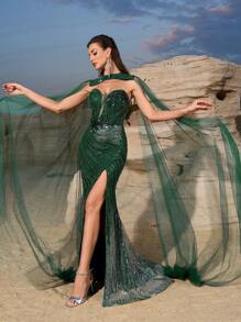 SUPGIR Women Bandeau Long Dress With High Slit Waist Fitted Fishtail Full Length Evening Gown With Detachable Shawl,Party Dress,Formal,Wedding Guest - Dark Green - View 7