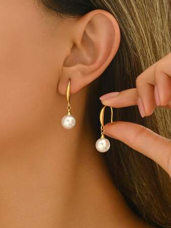 1 Pair Fashionable Pearl Pendant Stainless Steel Hook Earrings, Gold & Silver Color, Retro Style, Versatile Accessories For Women, Celebration, Wedding
