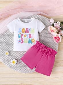 Set da 2 pezzi, magliette a maniche corte con stampa di lettere e fiocchi e pantaloncini per bambine/bambine piccole, outfit casual primaverili, leggeri, per primavera/estate