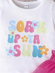 Set da 2 pezzi, magliette a maniche corte con stampa di lettere e fiocchi e pantaloncini per bambine/bambine piccole, outfit casual primaverili, leggeri, per primavera/estate