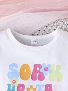 Set da 2 pezzi, magliette a maniche corte con stampa di lettere e fiocchi e pantaloncini per bambine/bambine piccole, outfit casual primaverili, leggeri, per primavera/estate