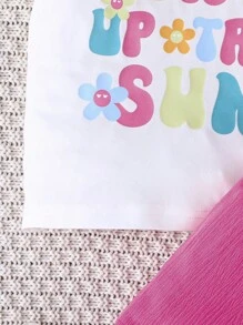 Set da 2 pezzi, magliette a maniche corte con stampa di lettere e fiocchi e pantaloncini per bambine/bambine piccole, outfit casual primaverili, leggeri, per primavera/estate