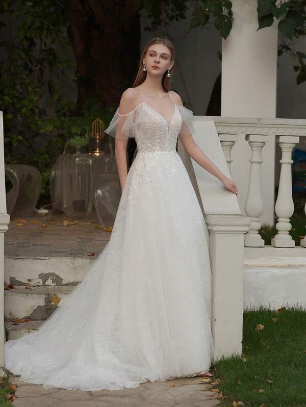 ANGELAG Elegante cor sólida decote em V renda frisado sexy fenda alça espaguete ao ar livre novo vestido de noiva, estilo boêmio