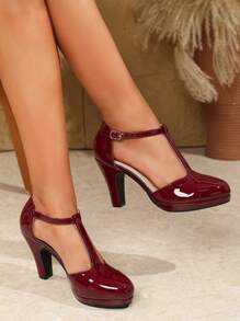 2025秋冬酒红色高跟女鞋，T字带踝带亮面漆皮厚底高跟鞋，厚底性感派对婚礼礼服鞋，粗跟正式工作鞋，情人节礼物，优雅