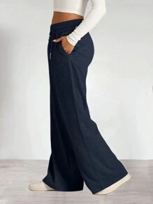 Women's Drawstring Stretch Low-Rise Jogging Sweatpants Casual Oversized Wide Leg Pants With Pockets - 藏蓝色 - 查看 3