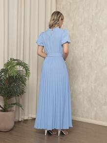 Women's Long Crepe Dress With Puffed Sleeves, Bow Waist And Pleated Skirt - Elegant And Sophisticated - 薄荷藍 - 查看 4