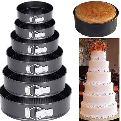 Conjunto de 6 formas de bolo, 6 tamanhos diferentes, círculo circular, forma de mola em forma de assadeira antiaderente de aço, assadeira de vários tamanhos (preta). BANDEJA FORMA BOLO CASAMENTO E FESTA