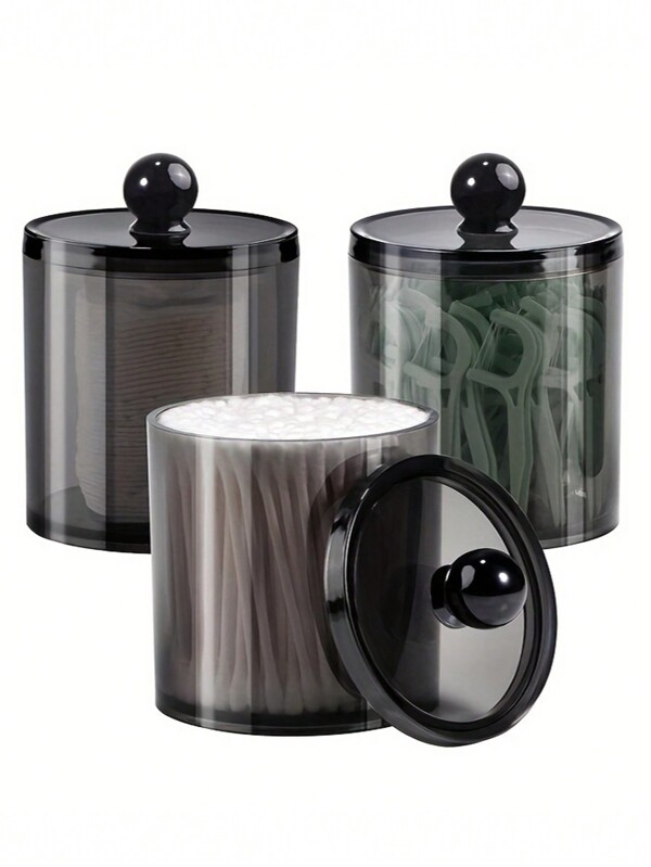 1pc/2pcs/3pcs - Cotton Swab Dispenser, Plastic Storage Jars Bathroom Set, Organizer, Makeup Remover Pads/Cotton Storage Box, Transparent, Black