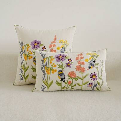 1pc Flower And Bird Exquisite Embroidered Cushion Pillow Case, Dormitory Bedroom Sofa Home Decoration, Machine Washable, No Pillow Core Festival Decoration Rama Gifts Birthday Graduation School Decor School Surprise Dormitory Decor Back To School Room Decor School Supplies