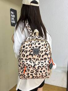 1pc Leopard Print Nylon Fabric Backpack, Large Capacity Casual Versatile Backpack Suitable For Women, School And Outdoor Use, Back To School Essentials - Khaki - View 1