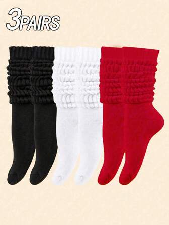 3 Pairs Women's Socks In Black, White, Red, Suitable For Back To School, Gym Socks, Ladies' Pajama Bottoms, Simple & Fashionable, Casual, Soft & Comfortable, Moisture-Wicking, Women's Socks, Autumn, Cozy