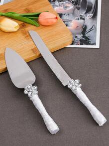 1 pieza Cuchillo y Servidor de decoración de mesa de boda estilo europeo, cortador de tarta hecho a mano con lazo de encaje y strass, cubertería de mesa para fiesta de bodas