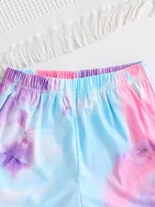 2pcs Girls' Outdoor Sports Comfortable Tie-Dye Letter Print Short Sleeve T-Shirt And Tie-Dye Elastic Waist Shorts Set, Spring/Summer