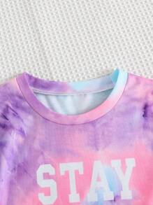 2pcs Girls' Outdoor Sports Comfortable Tie-Dye Letter Print Short Sleeve T-Shirt And Tie-Dye Elastic Waist Shorts Set, Spring/Summer