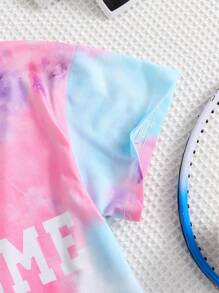 2pcs Girls' Outdoor Sports Comfortable Tie-Dye Letter Print Short Sleeve T-Shirt And Tie-Dye Elastic Waist Shorts Set, Spring/Summer