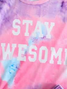 2pcs Girls' Outdoor Sports Comfortable Tie-Dye Letter Print Short Sleeve T-Shirt And Tie-Dye Elastic Waist Shorts Set, Spring/Summer