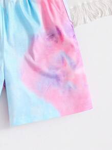 2pcs Girls' Outdoor Sports Comfortable Tie-Dye Letter Print Short Sleeve T-Shirt And Tie-Dye Elastic Waist Shorts Set, Spring/Summer
