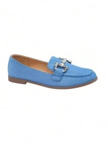 Women's Rhinestone Decor Simple Slip-On Flat Loafer Shoes - Dusty Blue - View 1