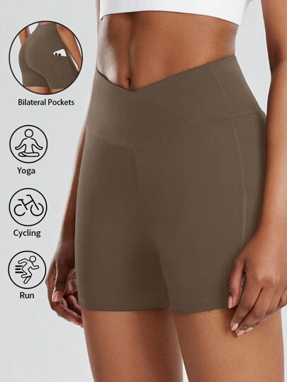 ROYALS MATTINI 女士瑜伽短裤，黑色骑行短裤，女士运动紧身裤，女士运动短裤，适合室内外骑行、跑步，春夏季运动装，交叉腰身，修身，柔软尼龙面料，夏季紧身短裤