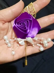 1pc Groom's Satin Lapel Pin With Chain, Golden Leaf & Rose Design For Men's Suit, Suit Decoration For Groomsman, Best Man, Dancing Party, Banquet Valentine's Day Valentines