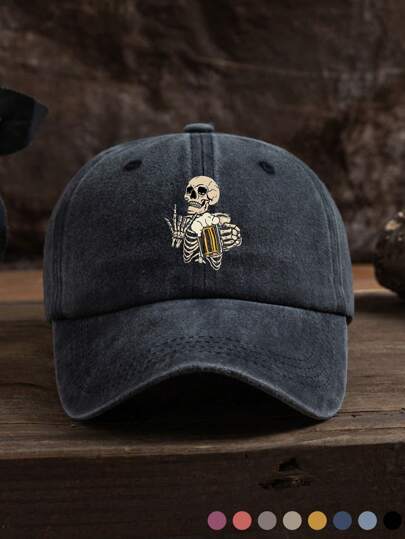 1 pieza Gorra de béisbol unisex casual y de moda, de color gris oscuro, ajustable en el tamaño, adecuada para uso diario, calle, Halloween, calavera y esqueleto