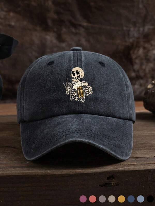 1pc Unisex Outdoor Casual Fashionable Dark Gray Size Adjustable Baseball Cap Suitable For Daily Wear Street Halloween Skull Skeleton