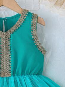 Vestido de tul de estilo princesa elegante con cuello redondo y volantes sin mangas para niñas, disfraz de vestuario para actuación de verano