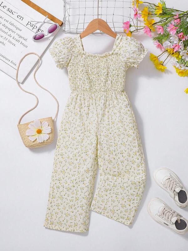 2025 Spring & Summer New Ditsy Floral Girls Puff Sleeve Jumpsuit With Wide-Leg Pants