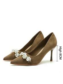 One-Line Pearl High-Heeled Shoes For Women Winter Pointed Toe Stiletto French Style Ladies High-Heeled Shoes For Women