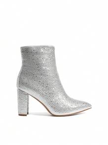 Women's Chunky Heel Ankle Booties Pointed Toe Short Boots - 銀色 - 查看 3