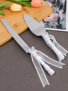 1 pieza Cuchillo y Servidor de decoración de mesa de boda estilo europeo, cortador de tarta hecho a mano con lazo de encaje y strass, cubertería de mesa para fiesta de bodas