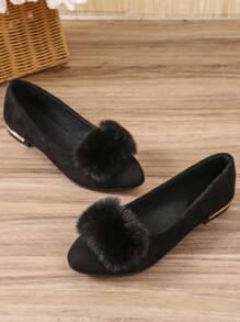 Women's Pointed Toe Faux Fur Trim Metallic Flat Slip-On Shoes, Breathable Canvas Fashion Loafers - Black - View 8