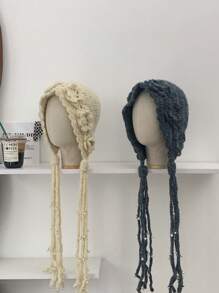 1 件女式 3D 花朵串珠流苏针织耳罩式帽子，温暖花朵手工针织帽，适合秋冬季 - 彩色 - 查看 2