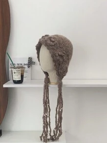 1 件女式 3D 花朵串珠流苏针织耳罩式帽子，温暖花朵手工针织帽，适合秋冬季 - 彩色 - 查看 6