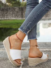 Women's Straw Wedge Rope Open Toe Slippers, Thick Sole Elevated Platform Sandals For Summer Outdoor Wear - White - View 5